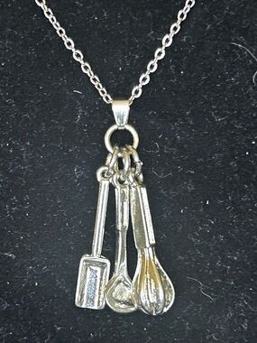 Silver Kitchen Utensil Charm Necklace - Pendant with Whisk, Spoon, Scoop